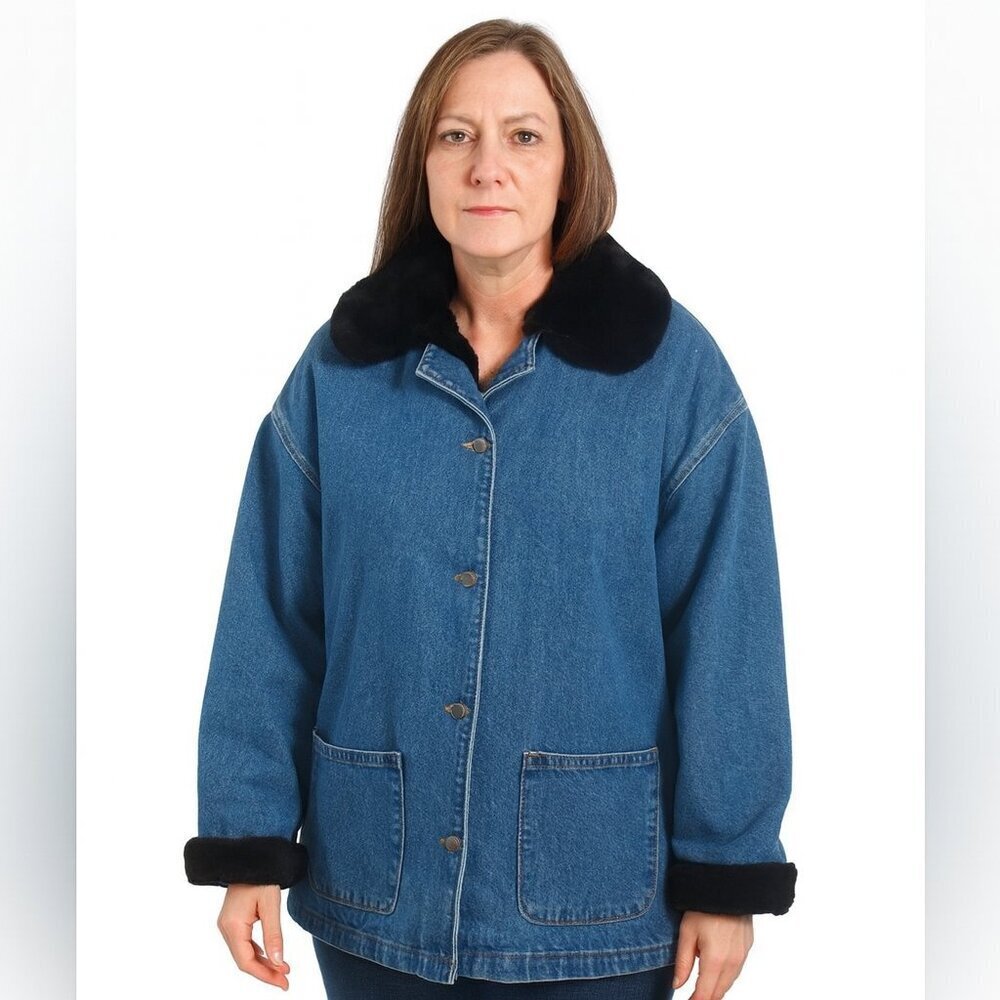 Neiman Marcus Retro Denim Jacket Faux Fur Collar Cuffs Lined Button Front Large